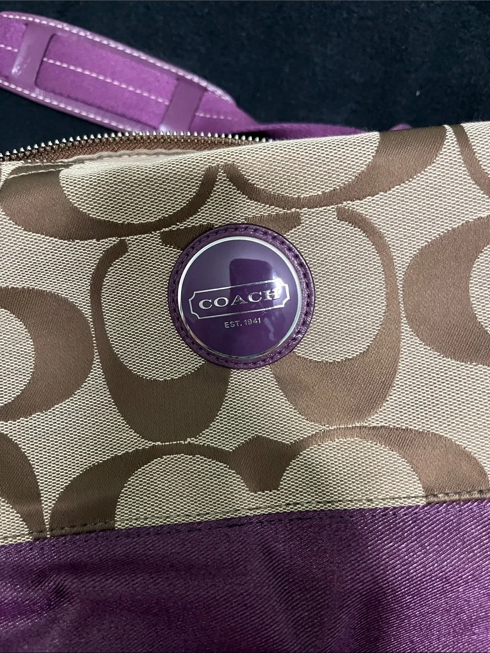 Coach Signature Canvas Shoulder Bag with Purple Trim